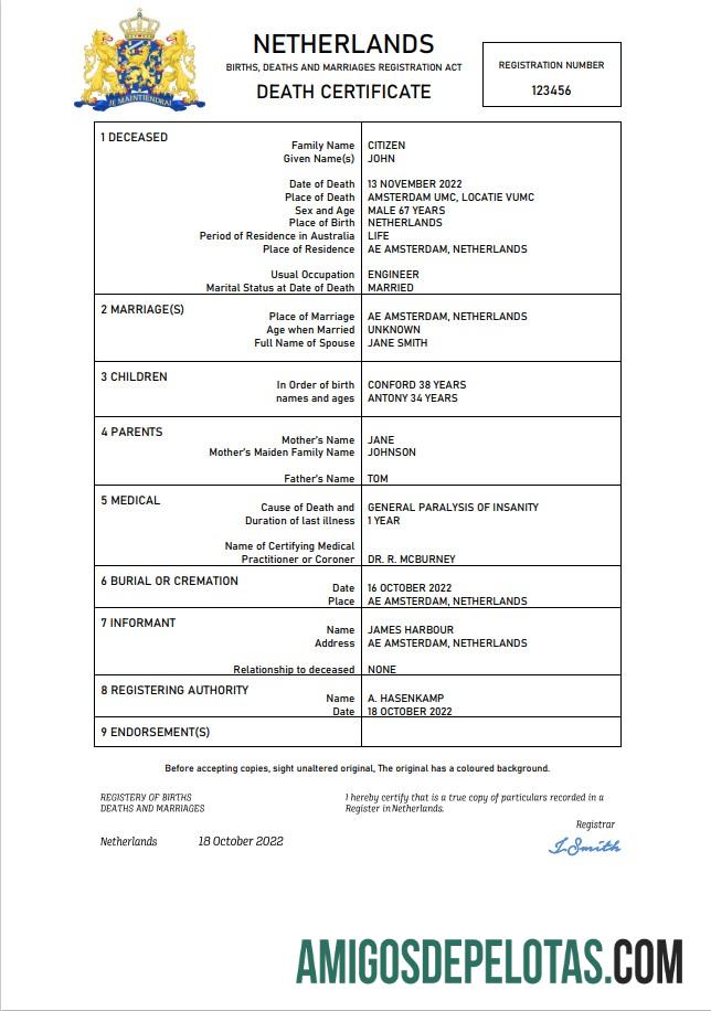 Em branco modelo Word e PDF de certidão de óbito de registro vital da Holanda